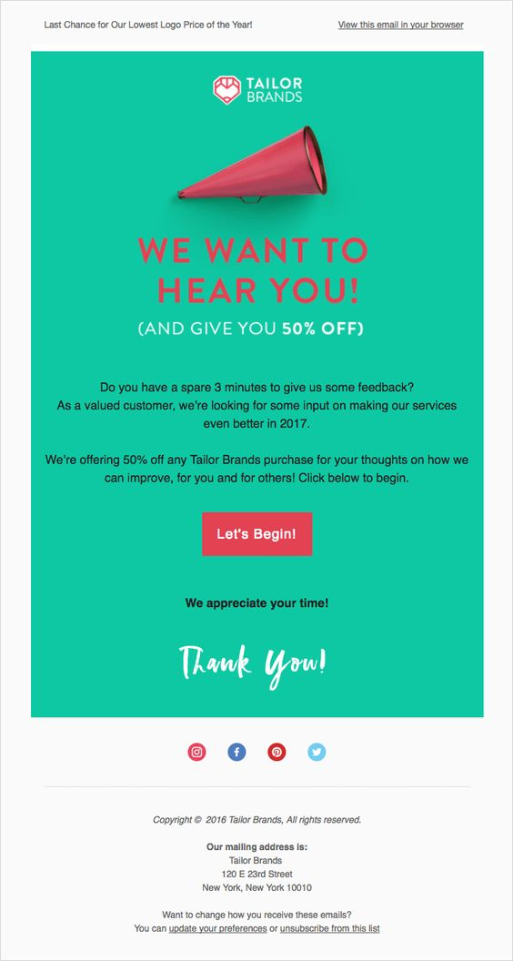 Email xin ý kiến khách hàng của Tailor Brands