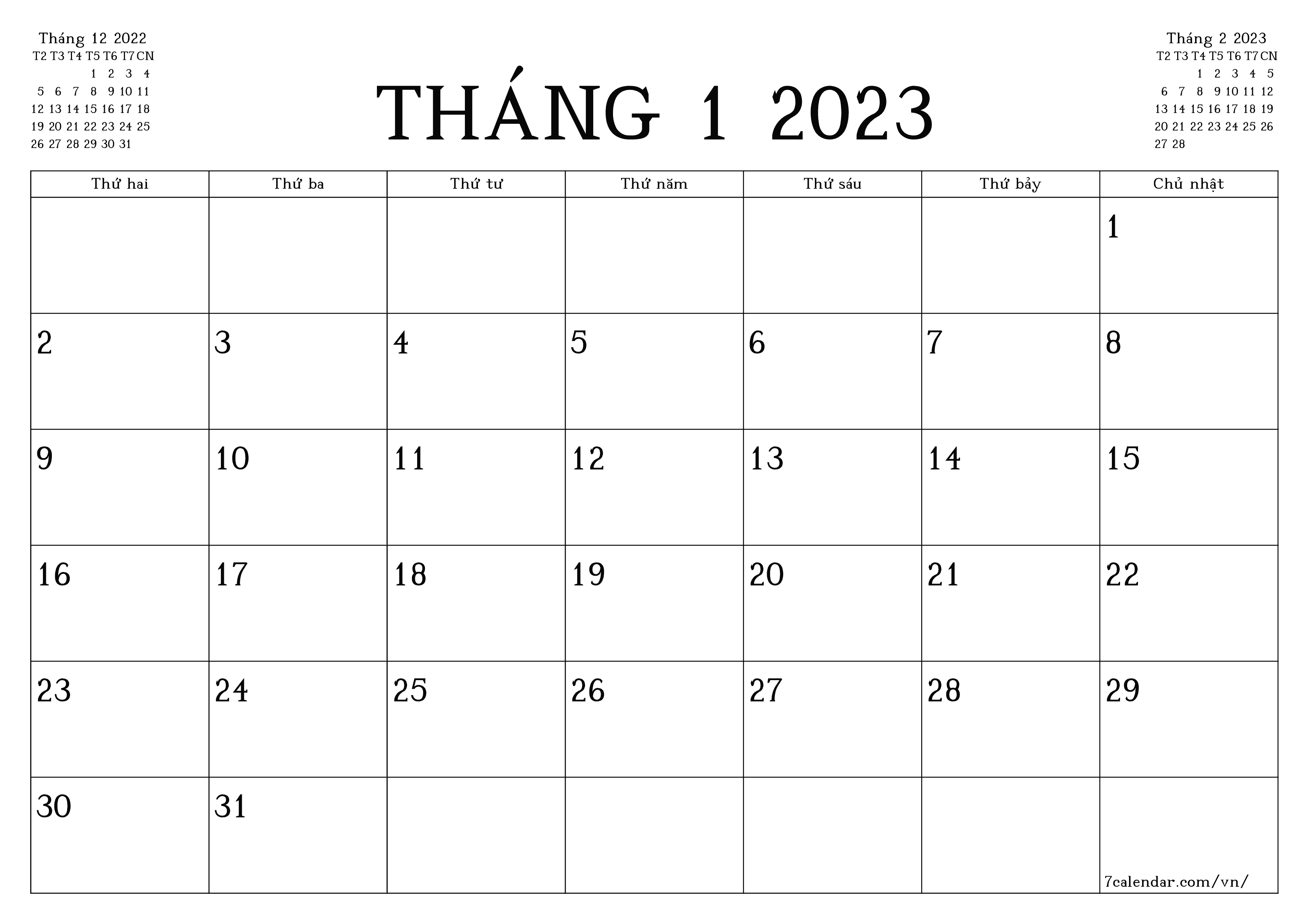 Lịch tháng 1 năm 2023